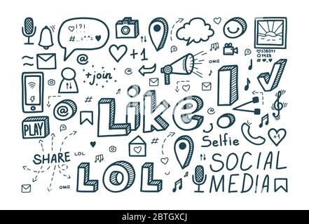 Les réseaux sociaux se déchonner. Icônes d'émotions, aime, les publications et autres médias photos. Illustration vectorielle de style mignon Illustration de Vecteur