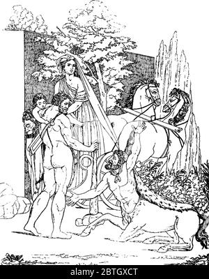 Hercules était le fils de Zeus (équivalent romain de Jupiter) et le mortel Alcmene, dans la mythologie grecque. La photo dépeint, Heracles et Nessus, vintage Illustration de Vecteur