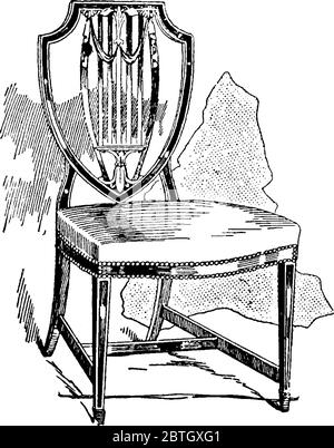 Image montrant une ancienne chaise avec coussin conçu par George Hepplewhite au XVIIIe siècle, dessin de ligne vintage ou illustration de gravure. Illustration de Vecteur