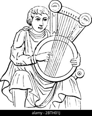 Un homme assis et utilisant l'instrument de musique, une lyre, dessin de ligne vintage ou illustration de gravure. Illustration de Vecteur