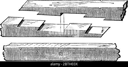 Machine à travailler le bois dans laquelle le procédé de mortiisage, insertion dans laquelle l'extrémité projetée d'un morceau de bois ou de bois est reçu Illustration de Vecteur