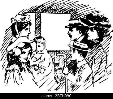 L'image représente une famille assise et voyageant dans la cabine, avec un petit garçon tenant un bâton de marche, un dessin de ligne vintage ou un rapport d'illustration de gravure Illustration de Vecteur