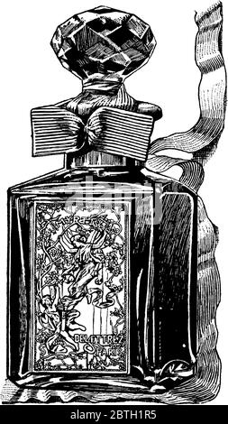 Figure montrant moderne bouteille de parfum avec décoration dessus et est fait à paris, dessin de ligne vintage ou illustration de gravure. Illustration de Vecteur