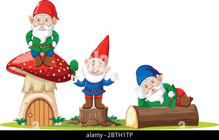 Gnomes et personnage de dessin animé de champignons sur fond blanc Illustration de Vecteur