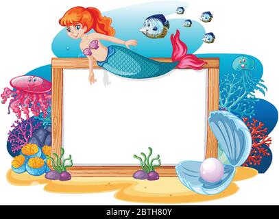 Thème Mermaid et Sea Animal avec bannière vierge style de dessin animé sur fond blanc illustration Illustration de Vecteur