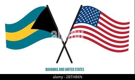 Bahamas et États-Unis drapeaux croisés et de style plat de la main. Proportion officielle. Corriger les couleurs. Banque D'Images