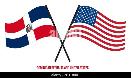 République dominicaine et États-Unis drapeaux croisés et ondulant le style plat. Proportion officielle. Banque D'Images