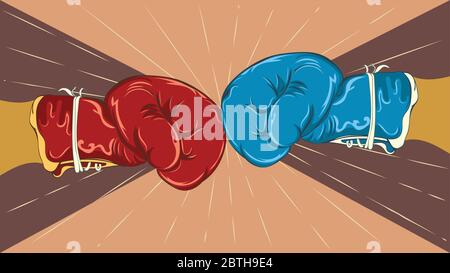 Gants de boxe bleu et rouge de style rétro, illustration sur le thème du sport. Illustration de Vecteur