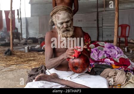 Moine indien (Naga Sadhu baba) au Saint Ardh Kumgh Mela, Allahabad (Paryagraj), Uttar Pradesh, Inde. Kumbh Mela arrive après 6 ans. Banque D'Images