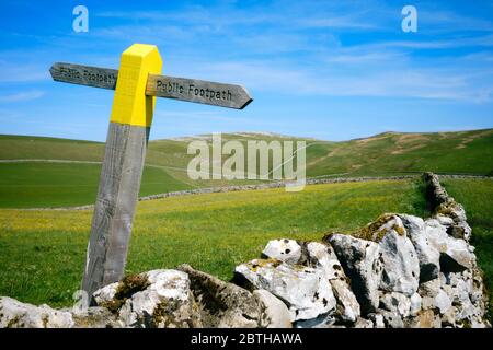 Un panneau de sentier peint en jaune dans la campagne calcaire soutenue par Prés verts et un ciel bleu près de Grassington dans le Parc national de Yorkshire Dales Banque D'Images