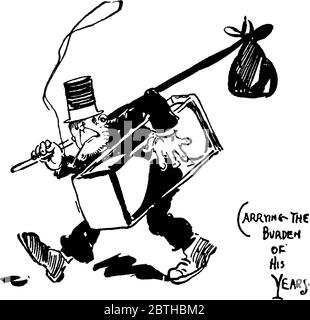 Dessin animé de vieux homme marchant avec bâton dans une main et un sablier de grande taille dans son autre main, dessin de ligne vintage ou illustration de gravure. Illustration de Vecteur