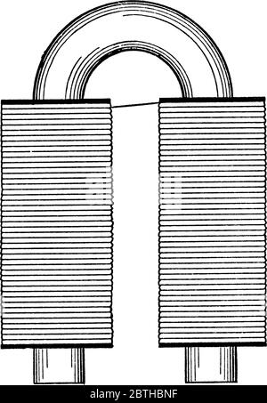 Aimant en forme de « U » ou de fer à cheval. Les fils enroulé autour du noyau doivent être bobinés comme illustré, avec un pont entre les deux pôles, vinta Illustration de Vecteur