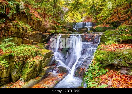 Jour d'automne dans la forêt ensoleillée. Petite rivière et plusieurs rapides naturels d'une cascade Banque D'Images