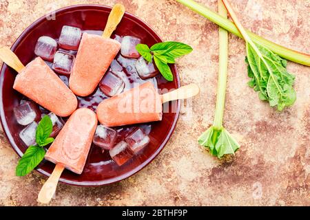 Crème glacée maison avec rhubarbe et menthe. Crème glacée sur bâton et glace Banque D'Images