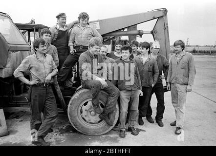 30 novembre 1984, Saxe, Delitzsch: Une brigade de jeunes dans le Kreisbetrieb für Landtechnik (KFL) affronte le photographe au milieu des années 1980. Date exacte de la photo inconnue. Photo: Volkmar Heinz/dpa-Zentralbild/ZB Banque D'Images