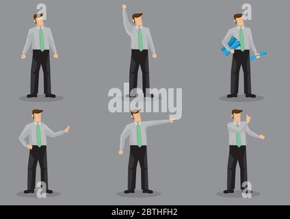 Homme de dessin animé portant une tenue de bureau dans divers gestes. Jeu de six illustrations vectorielles isolées sur fond gris. Illustration de Vecteur