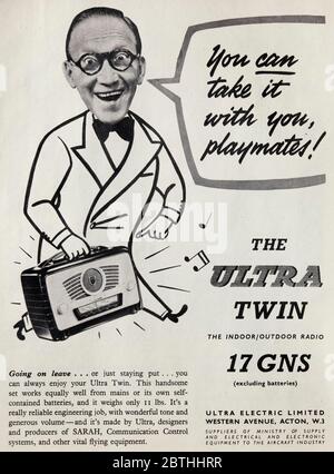 Publicité vintage 1953 pour les radios portatives « Ultra Twin » britanniques, approuvée par Arthur Askey. Banque D'Images