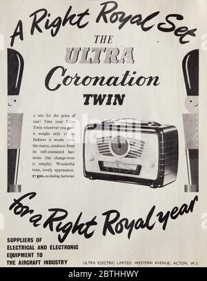 Publicité vintage 1953 pour les radios portatives « Ultra Coronation Twin » britanniques. Banque D'Images