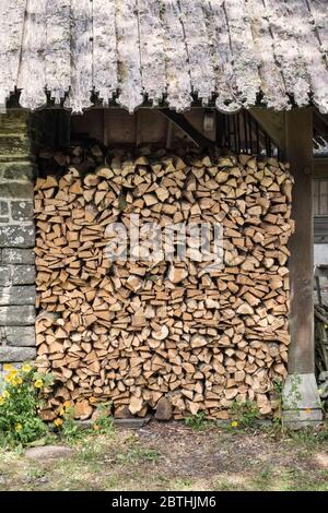 Un tas de bois de chauffage soigneusement empilés, prêt pour l'hiver prochain, au Royaume-Uni Banque D'Images