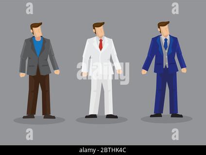 Ensemble de trois illustrations vectorielles de dessin animé sans visage portant un costume élégant isolé sur fond gris. Illustration de Vecteur