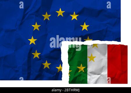 Drapeau italien déchiré par celui de l'Europe. Drapeau italien déchiré du drapeau de l'Europe. Banque D'Images