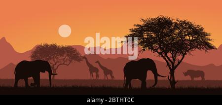Illustration plate du paysage africain avec silhouettes d'animaux de safari. Éléphant et rhinocéros sous les arbres. Girafes en pâturage sous l'orang Illustration de Vecteur