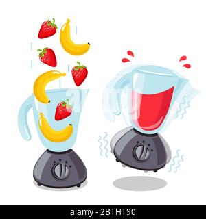 Shake de fraise et de banane cru biologique. Robot de cuisine, mixeur, mixeur et fruits. Illustration de lissage vectoriel. Illustration de Vecteur