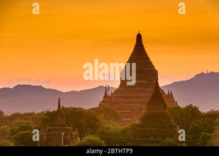 Bagan, les temples du Myanmar dans la zone archéologique au crépuscule. Banque D'Images