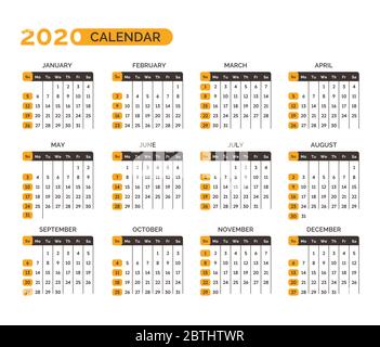 Calendrier pour 2020 ans avec vecteur mois et semaines Illustration de Vecteur