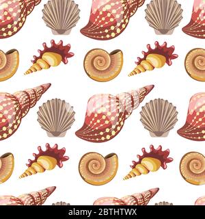 Coquillages et conques, animaux de la mer, mollusques patron sans couture Illustration de Vecteur