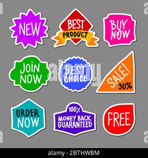 ensemble de différents autocollants publicitaires et promotionnels, badges, étiquettes et étiquettes de différentes couleurs Illustration de Vecteur