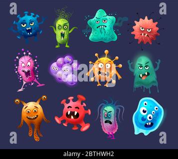Une collection de dessins animés de monstres étranges de caractères de virus, de germes et de bactéries. Illustration vectorielle. Illustration de Vecteur