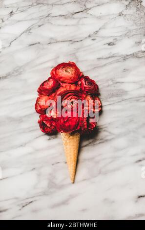 Cornet de gaufres à la crème glacée avec une boule de fleurs de ranunculus rouges Banque D'Images