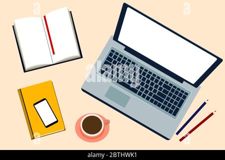 Illustrations vectorielles pour le bureau à domicile, ordinateur de bureau avec ordinateur portable, livres, café, smartphone. Bloc-notes. Concept pastel, vue du dessus. Concept de style de vie en ligne. En ligne Illustration de Vecteur