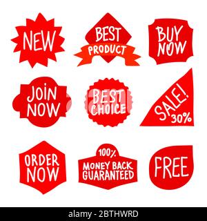 ensemble de différents logos, étiquettes et étiquettes publicitaires et promotionnels de couleur rouge Illustration de Vecteur