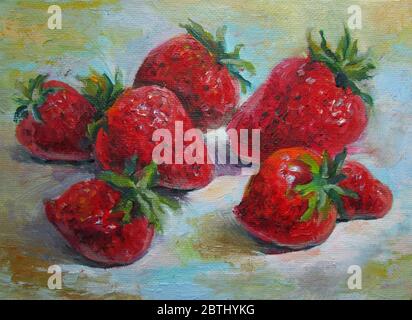 Fraises mûres, peinture à l'huile originale sur toile Banque D'Images