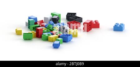 LEGO Bricks Heap. Début ou fin de tout concept de processus. Image 3D reconstruite. Aucun logo protégé par copyright. Banque D'Images