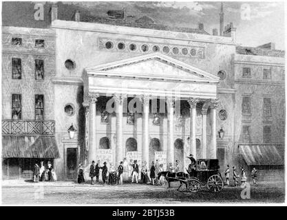 Gravure du Haymarket Theatre London numérisée à haute résolution à partir d'un livre imprimé en 1851. Cette image est considérée comme libre de tout droit d'auteur. Banque D'Images