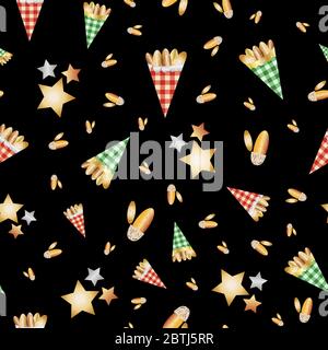 Noix d'amande rôties dans des sacs en papier Vichy à motif vectoriel sans couture. Bonbons de confiserie dorés et toile de fond noire étoiles. Impression complète pour Illustration de Vecteur