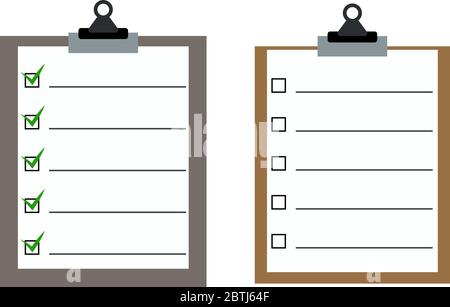 Deux listes de contrôle, une avec case à cocher cochée, autre illustration vectorielle plate non marquée isolée sur blanc. Accessoires de bureau et d'affaires Illustration de Vecteur