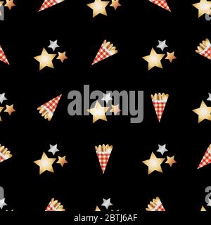Noix d'amande rôties dans des sacs en papier Vichy à motif vectoriel sans couture. Bonbons de confiserie dorés et étoiles sur fond noir. Impression sur toute la page Illustration de Vecteur