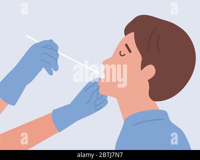 Médecin effectuant un test Covid-19 ou un test d'ADN avec une sonde à écouvillon nasal Man by, en insérant un long coton-tige dans la bouche et la langue. Illustration de Vecteur