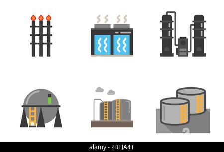 Ensemble d'icônes d'infrastructure d'équipement industriel, de torche, de réservoir de GPL ferme, réservoir sphérique, colonne de distillation, industrie pétrolière et gazière. Banque D'Images