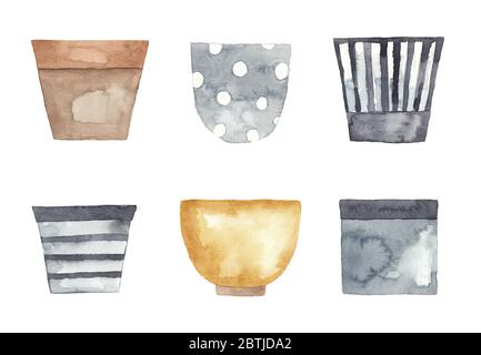 Ensemble de pots d'aquarelle pour plantes de maison. Les éléments sont isolés sur un fond blanc Banque D'Images