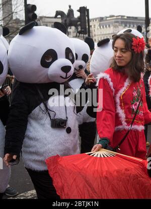 Dame en costume rouge à côté des gens habillés comme des pandas. Parade de la célébration du nouvel an chinois. Londres Banque D'Images