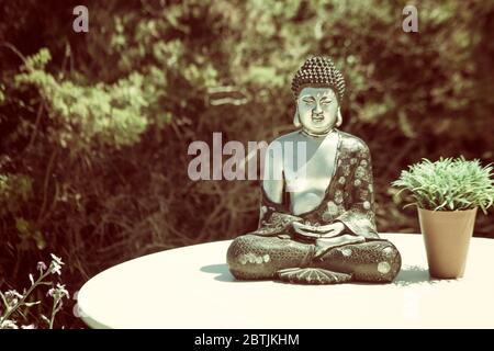 Statue de Bouddha sur une table blanche avec plante en pot dans le jardin Banque D'Images