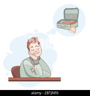 Illustration vectorielle. L'homme assis à la table ferma les yeux et les rêves. Au-dessus de lui est une photo des bagages et de la collecte des choses pour le voyage. Illustration de Vecteur