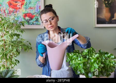 Femme verse de l'engrais minéral liquide, dans la bouteille d'arrosage avec de l'eau Banque D'Images