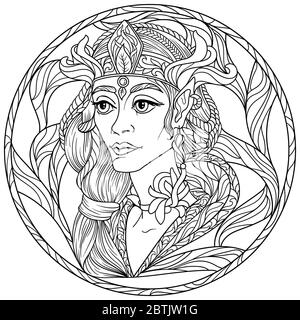 Zentangle fantaisie coloriage page pour adultes anti stress avec belle fille elf visage avec fond noir et blanc Banque D'Images