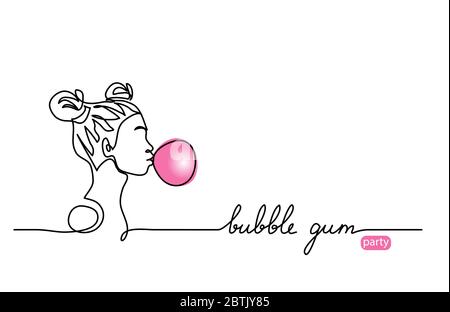 Esquisse du vecteur bulle de gomme. Jeune fille, adolescente avec ballon de bubblegum, illustration simple. Une bannière Web de dessin en ligne continue, arrière-plan Illustration de Vecteur